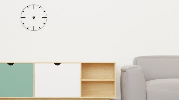 A modern minimalist room featuring a clock, cabinet, and sofa with ample copy space.