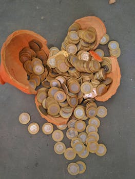 A shattered clay piggy bank with ten rupee coins scattered on the floor.