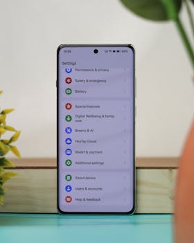 A smartphone on a desk with a settings screen, showcasing various menu options in an office setting.
