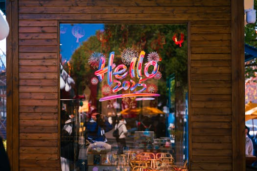 A vibrant window display featuring 'Hello 2023' with fireworks, reflecting a lively outdoor market scene.