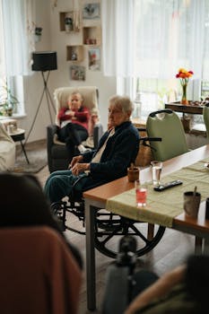 Two elderly individuals relaxing in a cozy nursing home, showcasing companionship and tranquility.