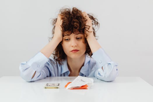 Woman in blue sleeves appears stressed while looking at receipts and money, symbolizing financial stress.